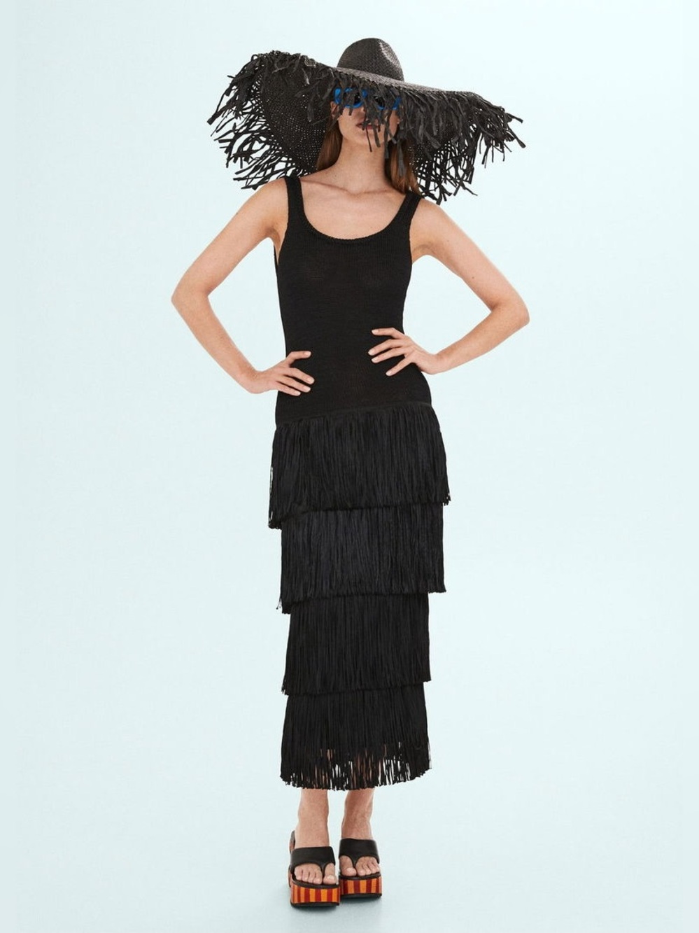 Simon Miller MANGO Knit Black Drop Waist Tiered Fringe Maxi Dress Size 6 Medium